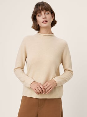 Premium Cashmere Blend Hand-Finished Seamless Mock Neck Lettuce Edge Sweater ZELIE - Caramel Brown / XXL
