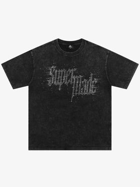 Washed Gothic Letter Imitation Diamond T-Shirt - Wash Water Black / 2XL