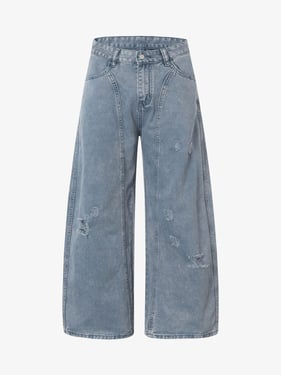 Washed Distressed Ripped Barrel Jeans - Blue / 2XL