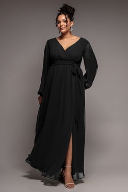 Goddiva Plus Wrap Back With Front Slit Chiffon Maxi Dress - Black