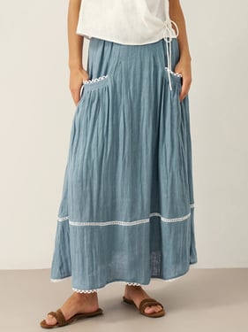 100% Linen Lace-Up Pocket Skirt FENLA - Haze Blue / XXL