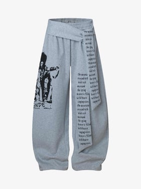 Dark Street Character Print Waist Strap Detail Barrel Pants - Gray / XL