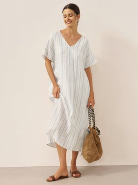 100% Linen Back-Tied Waist Maxi Dress HANA - Breeze Blue / XXL