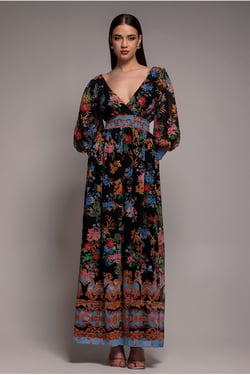 Goddiva Chiffon Wrap Border Floral Print Maxi Dress - Black
