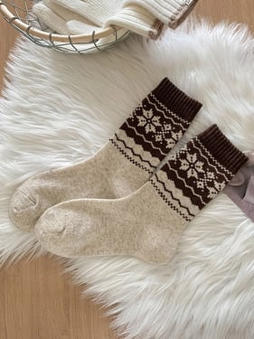 Wool Fair Isle Ethnic Jacquard Thick Slouch Mid-Calf Socks - Cream / One Size