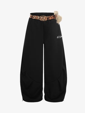 Leopard Belt Fur-Pom Detail Fleece Wide-Leg Pants - Black / XL