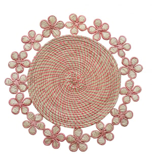 Plumeria Handwoven Iraca Placemat - Natural Palm with Color Accents / Hot Pink