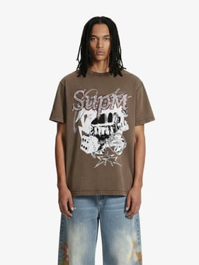 Washed Rhinestone Letter Graphic T-Shirt - Brown / 2XL