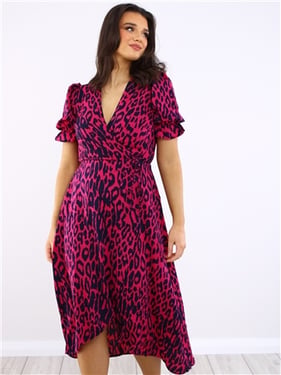 Ax Paris Animal Print Wrap Midi Dress - Cerise And Navy - 16