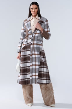 AKIRA Mixed Plaid Not Feelings Patchwork Trench Coat | Size Small