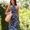 Navy Leaf Halter Maxi Dress - 8