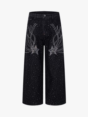 Star Rhinestone Embellished Baggy Jeans - Black / 3XL