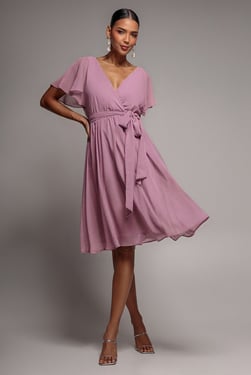 Goddiva Sustainable Flutter Sleeve Chiffon Wrap Midi Dress - Lavender