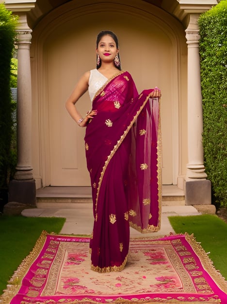 Designer Saree with Kundan & Zari Thread Work by Shreekama