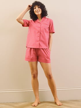 Womens Cotton Shortie Pyjamas Pink Gingham - 3XL / 22-24 / Pink
