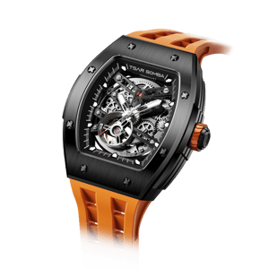 TSAR BOMBA Men's Automatic Watch | Black Orange | Stainless Steel Case | Japanese Mechanical Skeleton Movement | Luxury Sport Wristwatch | Elemental TB8228A