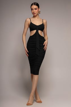 City Goddess Cut Out Ruched Bodycon Midi Dress - Black