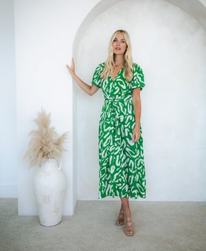 Green Animal Tie Front Midi Dress - 18