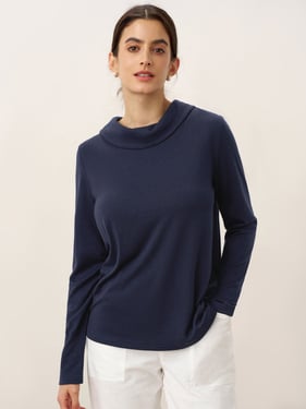 Bamboo Viscose Lapel Mock Neck Stretch Knit Top MARISOL - Navy Blue / XXL