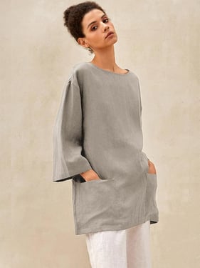 100% Linen Loose Long Shirt LILY - Khaki Gray / XXL