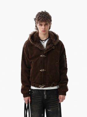 Streetwear Metal Clip Faux Fur Hooded Suede Bomber Jacket - 2597 - Coffee / 2XL