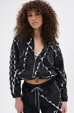 AKIRA Strike Out Lace Trim Bomber Jacket | Black | Size XL