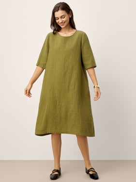 100% Linen Round Neck Back Placket Pleat Midi Dress PENELOPE - Mustard Green / XXL