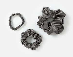 QE Home 100% Mulberry Silk Scrunchies in Pewter (Set of 3), Grey