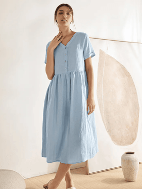 100% Linen V-Neck Gathered-Waist Dress PATRICE - Baby Blue / XXL