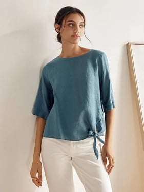 100% Linen Side-Tie Button-Back Boxy Top ELSIE - Steel Blue / XXL