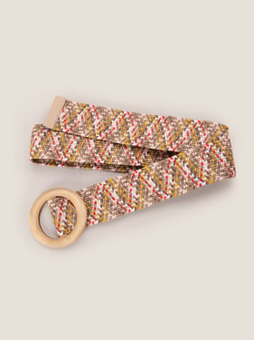 Wooden Buckle Handcrafted Woven Elastic Wide Waist Belt - Red Stripe / One Size