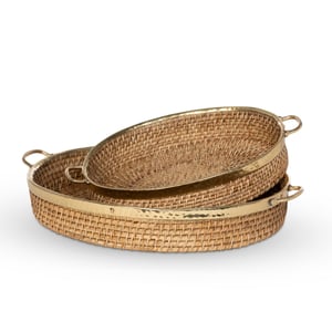 Amelia Woven Bamboo And Brass Oval Tray, Set Of 2