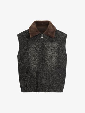 Vintage Leopard Print Fleece Zip Up Vest - Black / XL