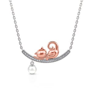 Jeulia Lazy Cat Cultured Pearl Sterling Silver Necklace