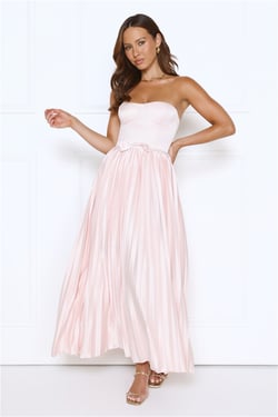 Glossed Over Strapless Satin Pleated Maxi Dress Pink