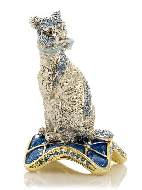 Elegant Silver Cat Trinket Box with Blue Crystals