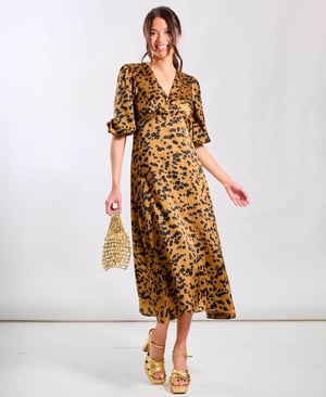 Brown Leopard Satin Midi Dress - 18