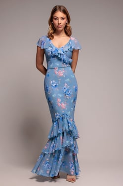 Goddiva Floral Printed Chiffon Ruffle Maxi - Blue
