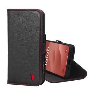 iPhone 15 Leather Wallet Case (with Stand Function) - Black with Red Detail
