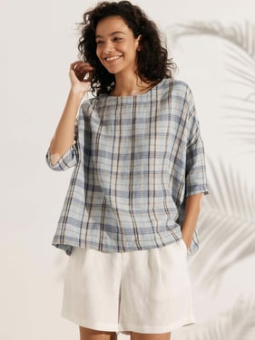 100% Linen Gingham Checked Boatneck 3/4 Length Sleeve Top - Sandy Sky / XXL
