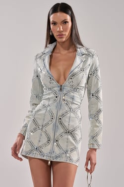 AKIRA Look At Me Rhinestone Blazer Dress Denim | Light Blue | Size 2X