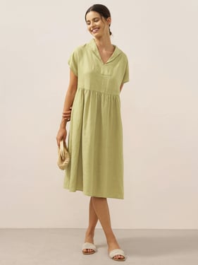 100% Linen Collared Pleated Waist A-Line Midi Dress SAGE - Sage Apple / XXL