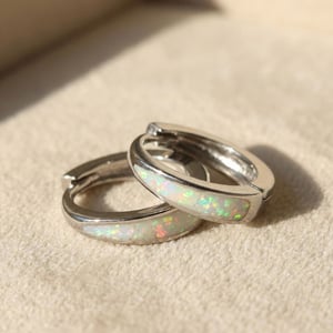 White Opal Tapered Sterling Silver Huggie Hoop Earrings