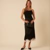 Black Lace Trim Satin Midi Skirt