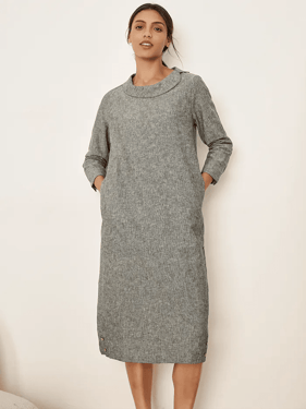 Linen Round Soft-Fold Collar Midi Dress MELLOW - Neutral Grey / XXL