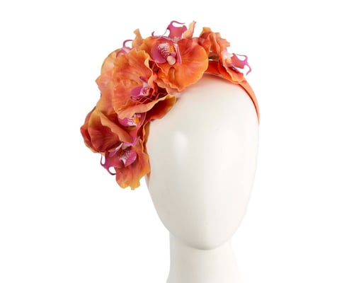 Bespoke orange orchid flower headband by Cupids Millinery