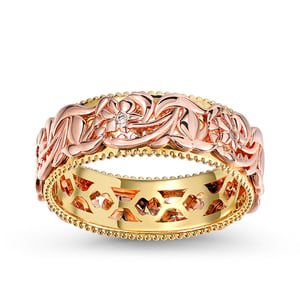 Jeulia Two Tone Floral and Leaf Carved Unique Sterling Silver Women's Band