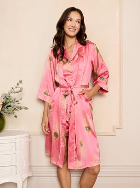 Womens Satin Kimono Robe Pink Gold Peacock Feather - 3XL / 22-24 / Pink