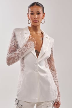 AKIRA Au Contraire Lace Satin Blazer | White | Size 1X