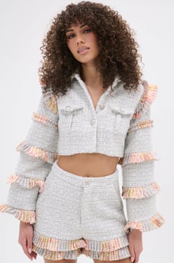 AKIRA Phoebe Tweed Ruffle Cropped Blazer | Size XL